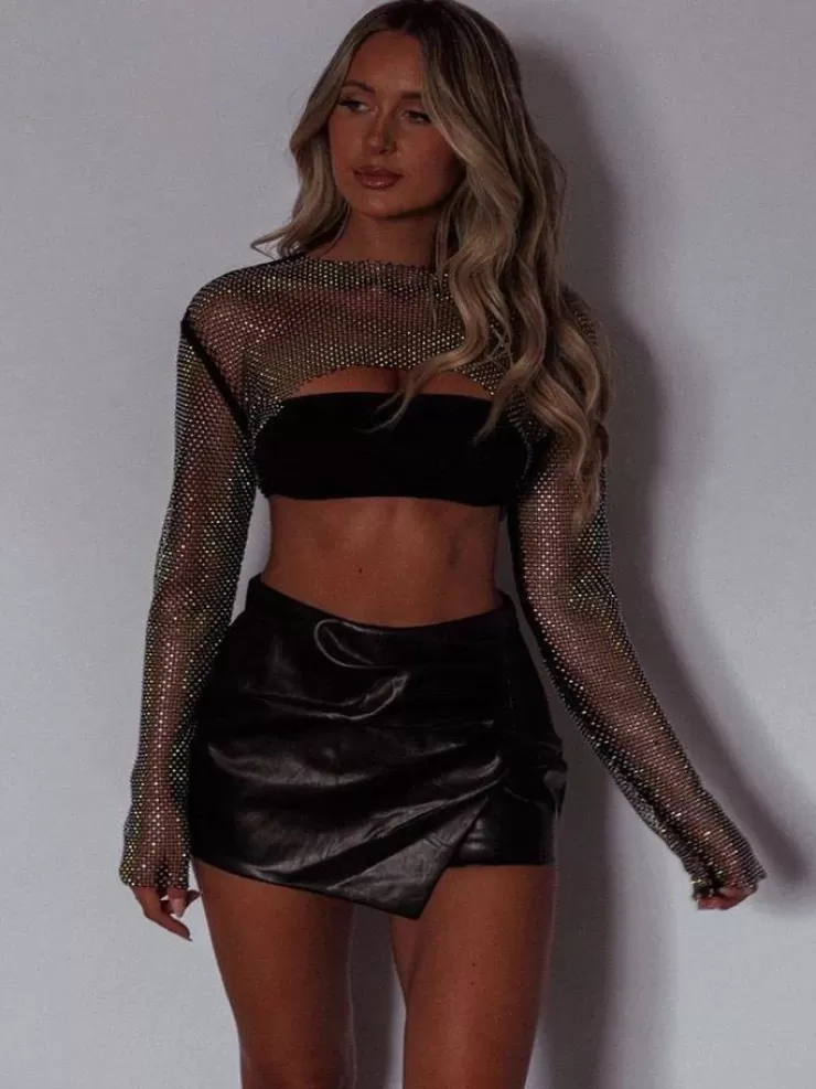 Winter Wear | Black Tops^Alamode By Akanksha Athena Black Mesh Rhinestone Crop Top