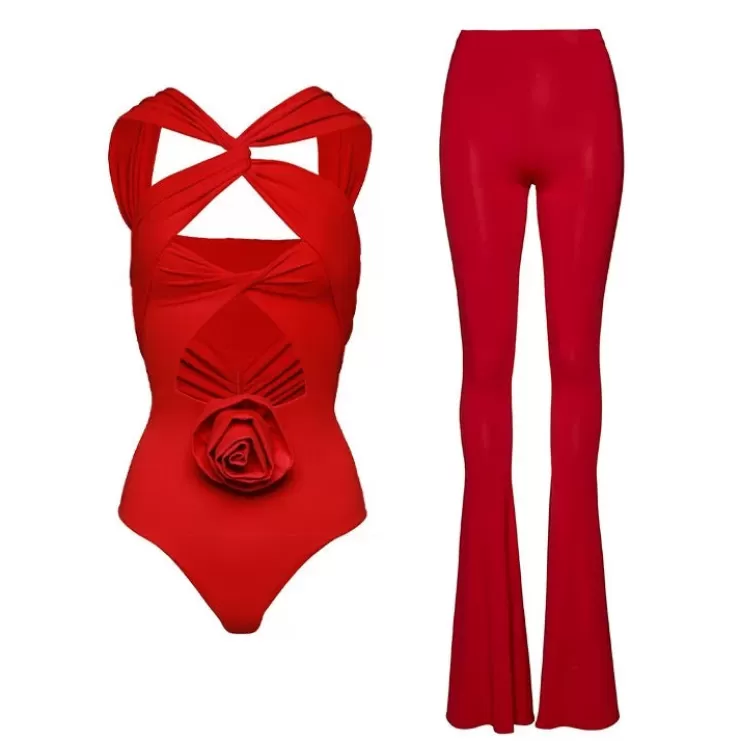 One Piece Swimsuits^Alamode By Akanksha Baray Rosette Swimsuit With Pants In Red