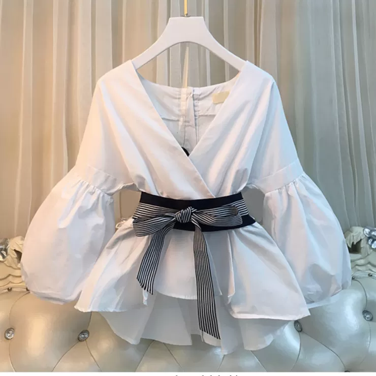 White Tops^Alamode By Akanksha Bubble Sleeve Top With Belt