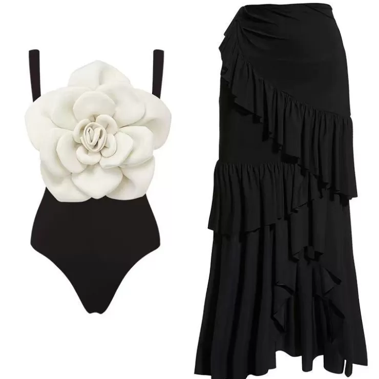 3 Piece Swimsuits | Bikinis^Alamode By Akanksha Camellia Rosette Swimsuit With Ruffled Skirt