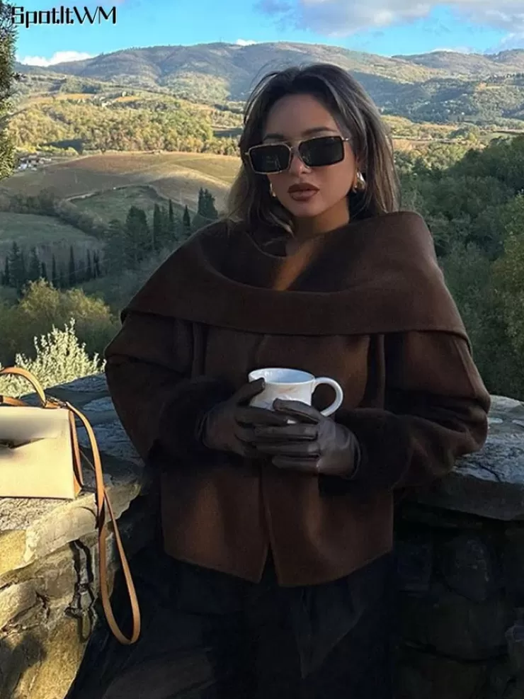 Winter Wear | Jackets And Coats^Alamode By Akanksha Clepa Vintage Woolen Short Coat In Brown With Scarf