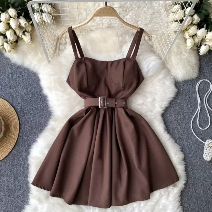 Mini Dresses | Sleeveless Dresses^Alamode By Akanksha Elizabeth Brown Skater Dress With belt