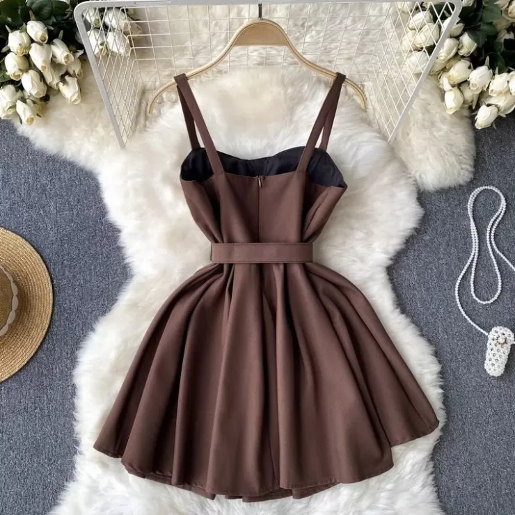 Mini Dresses | Sleeveless Dresses^Alamode By Akanksha Elizabeth Brown Skater Dress With belt