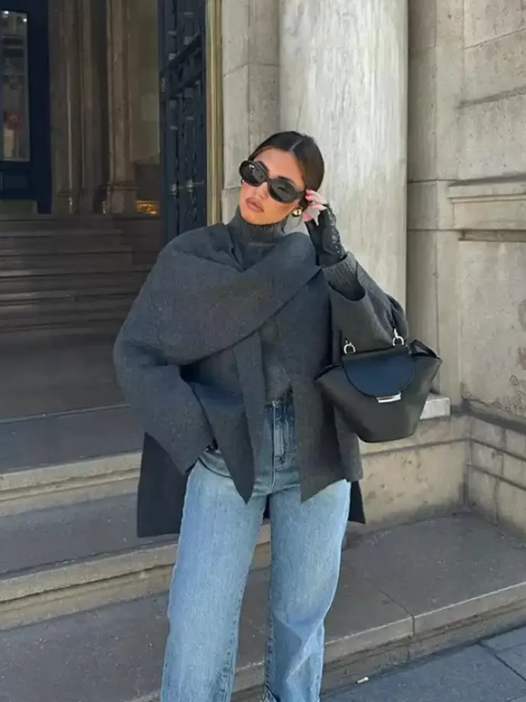 Winter Wear | Jackets And Coats^Alamode By Akanksha Essie Vintage Woolen Short Coat In Grey With Scarf