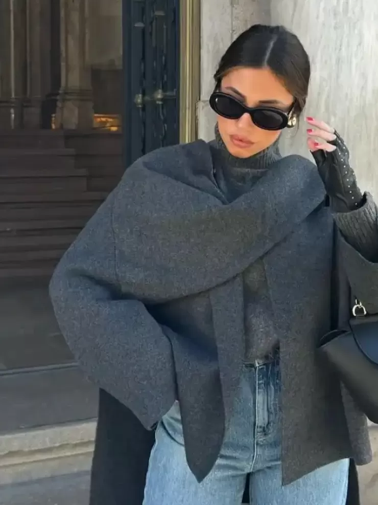 Winter Wear | Jackets And Coats^Alamode By Akanksha Essie Vintage Woolen Short Coat In Grey With Scarf
