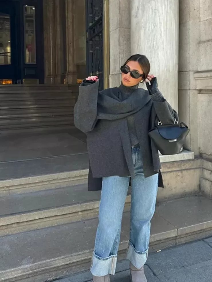 Winter Wear | Jackets And Coats^Alamode By Akanksha Essie Vintage Woolen Short Coat In Grey With Scarf