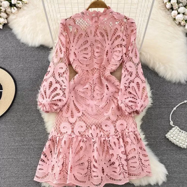 Pink Dresses | Midi Dresses^Alamode By Akanksha Glenda Lace Lined Bishop Sleeve Dress