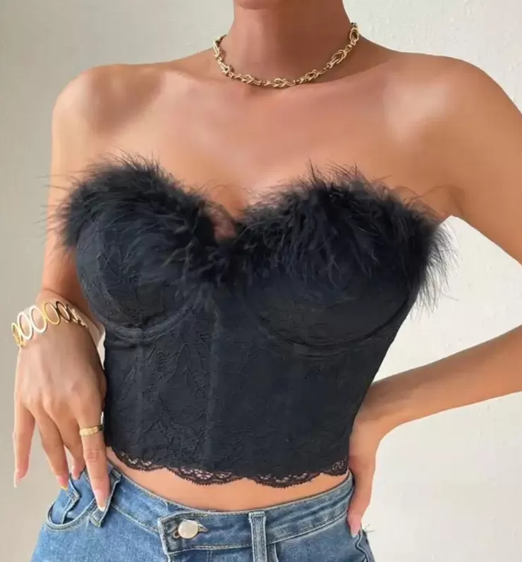 Black Tops^Alamode By Akanksha Helix Fur Bustier Top