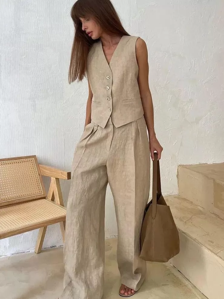 Summer Co-Ords | Linen Co-Ord Sets^Alamode By Akanksha Hodor Statement Linen Vest Suit With Pants