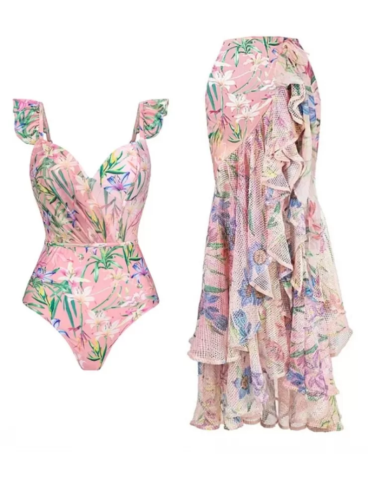 3 Piece Swimsuits | Bikinis^Alamode By Akanksha Hubo Spritzer Swimsuit With Ruffled Skirt