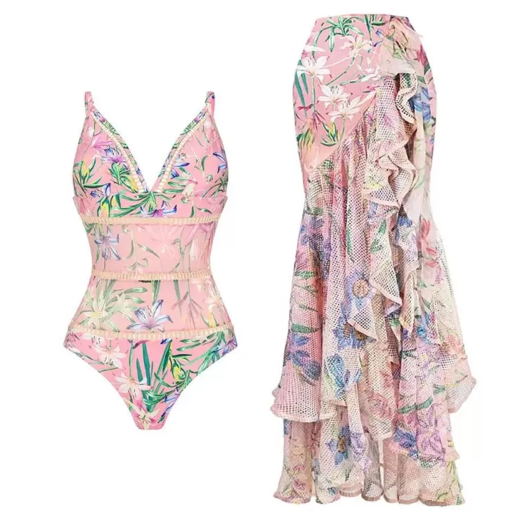 3 Piece Swimsuits | Bikinis^Alamode By Akanksha Hubo Spritzer Swimsuit With Ruffled Skirt