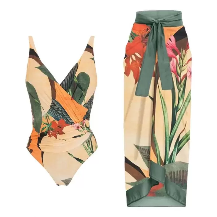 3 Piece Swimsuits | One Piece Swimsuits^Alamode By Akanksha Hues Of Green Swimsuit With Sarong