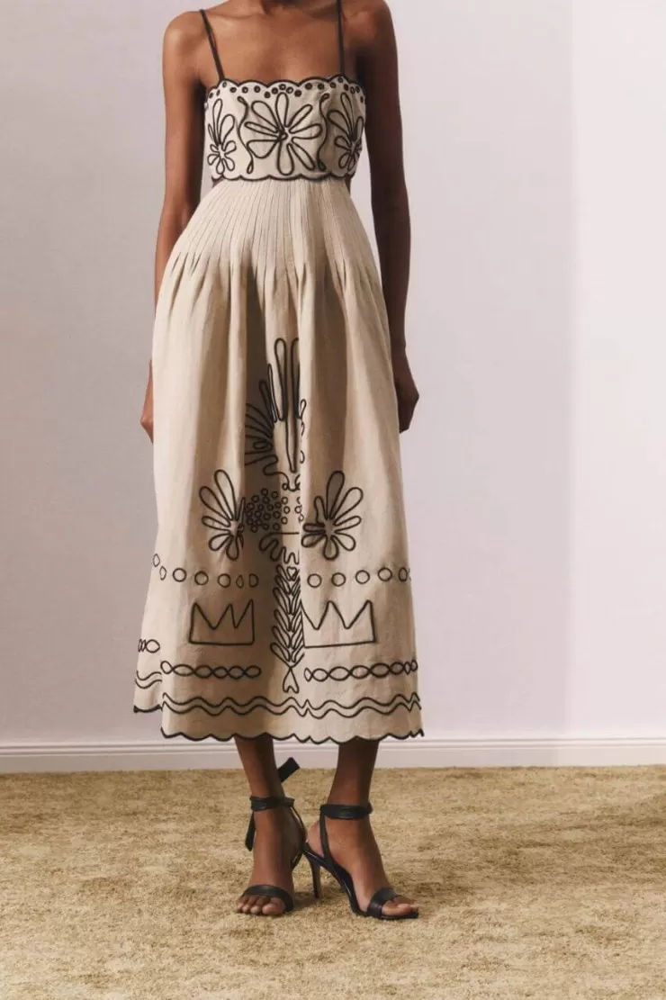 Summer Dresses | Brown Dresses^Alamode By Akanksha Jamie Embroidered Holiday Midi Dress In Beige - Luxe Collection