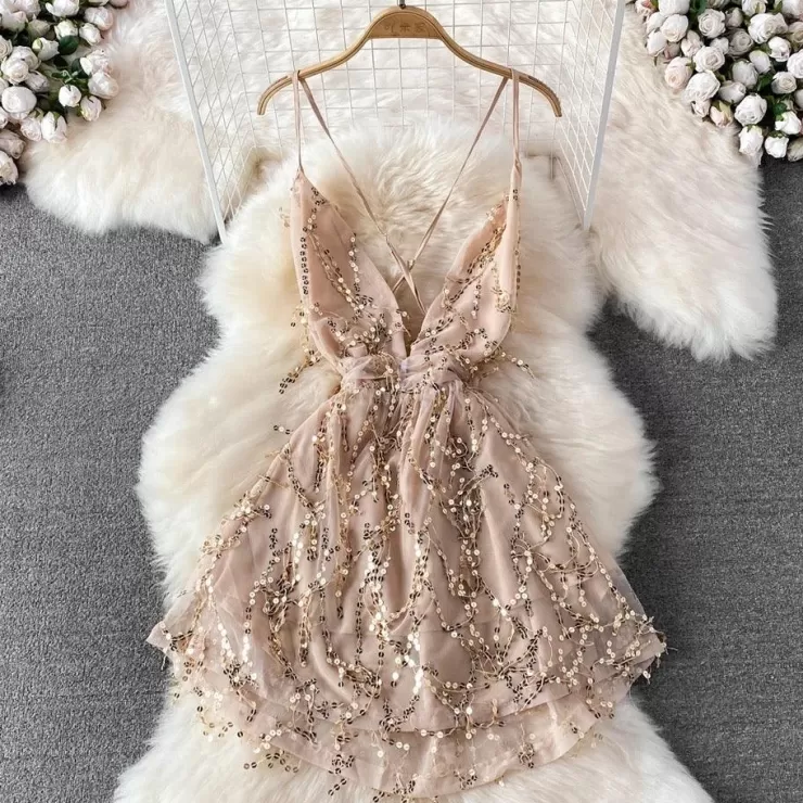 Mini Dresses | Sleeveless Dresses^Alamode By Akanksha Jarold Mesh Detail Party Dress In Beige