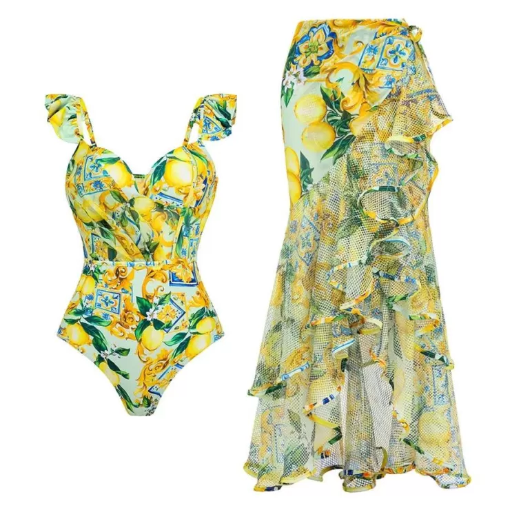 3 Piece Swimsuits | Bikinis^Alamode By Akanksha Lemon Spritzer Swimsuit With Ruffled Skirt