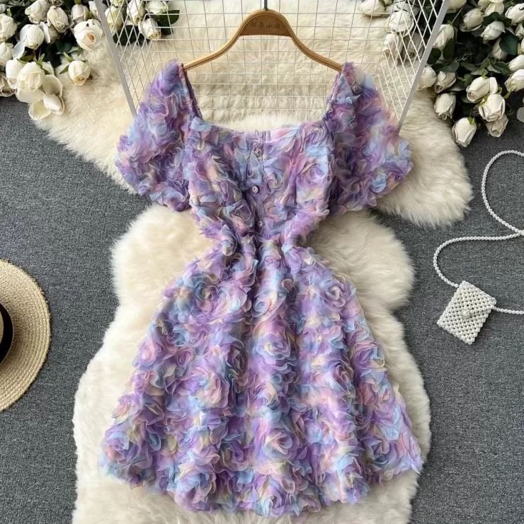 Lavender Dresses | Skater Dresses^Alamode By Akanksha Lexis 3D Floral Dress