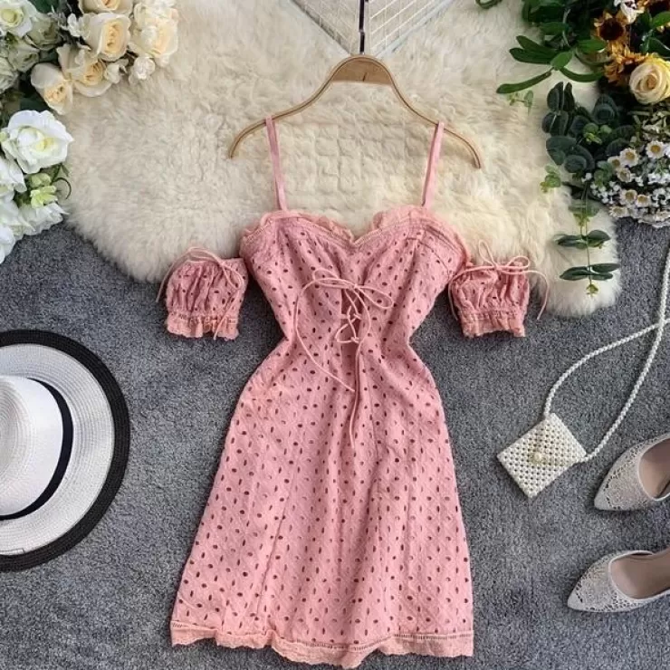 Pink Dresses | Mini Dresses^Alamode By Akanksha Onelone Eyelet Dress