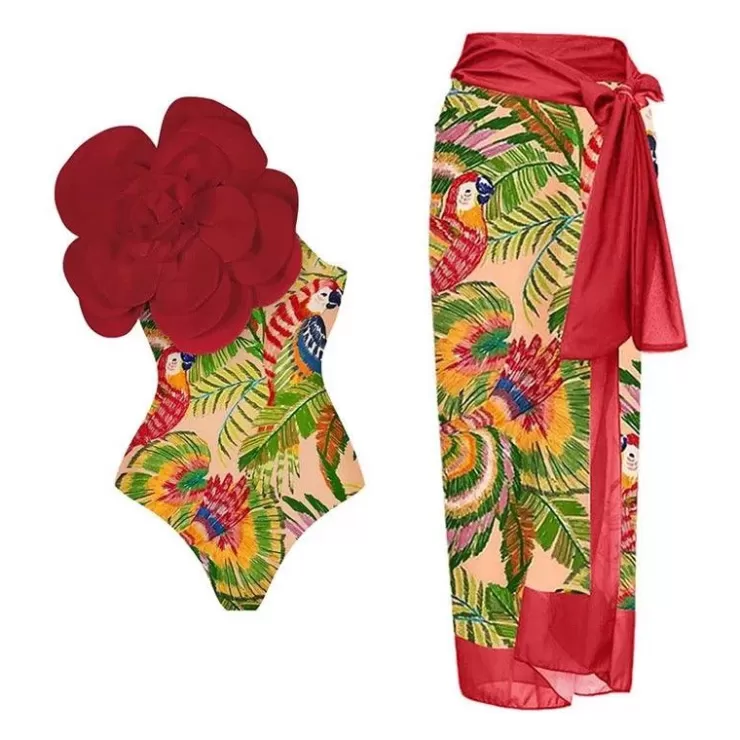 One Piece Swimsuits^Alamode By Akanksha Ruther Swimsuit With Sarong Skirt In Red