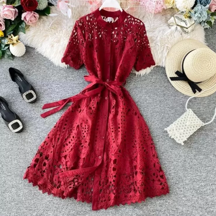 Red Dresses | Knee Length Dresses^Alamode By Akanksha Silotha Vintage Luxury Dress