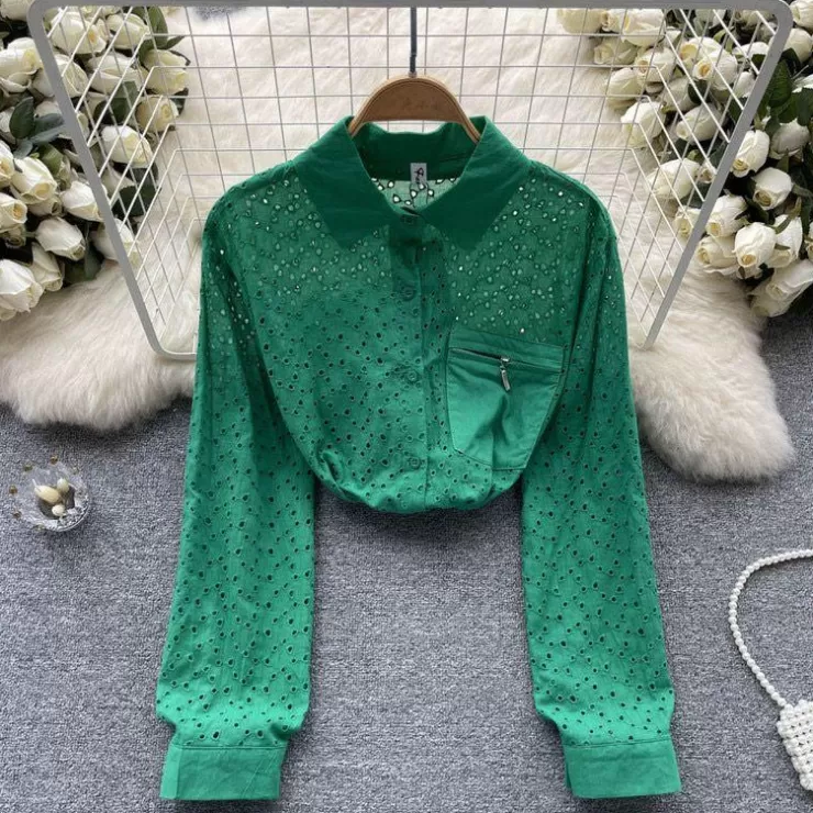 Co-Ords | Green Tops^Alamode By Akanksha Silua Cotton Eyelet Shirt