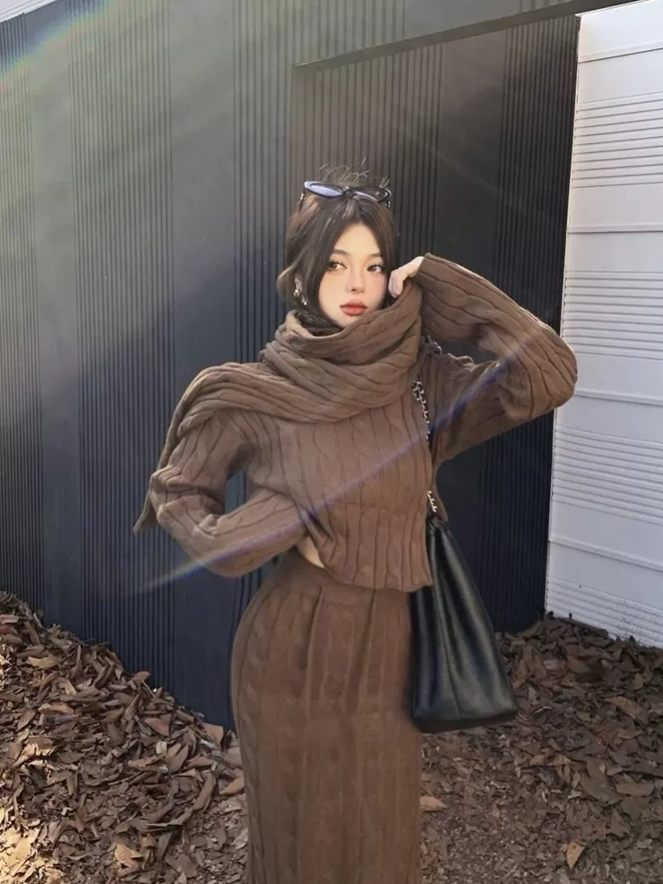 Co-Ords | Winter Wear^Alamode By Akanksha Tokyo Knitted 3PC Coord Set With Scarf- Luxe Collection