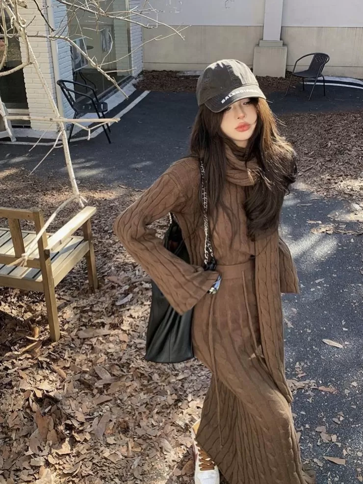 Co-Ords | Winter Wear^Alamode By Akanksha Tokyo Knitted 3PC Coord Set With Scarf- Luxe Collection