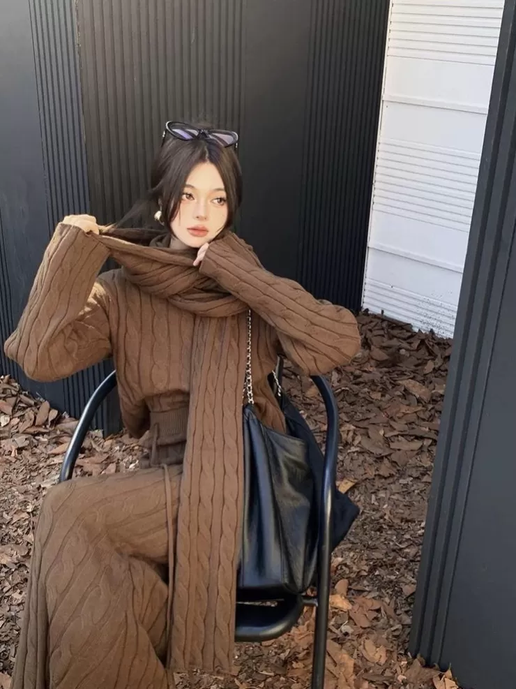 Co-Ords | Winter Wear^Alamode By Akanksha Tokyo Knitted 3PC Coord Set With Scarf- Luxe Collection